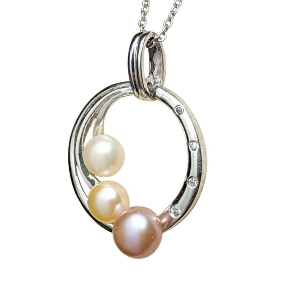 Sterling Silver 925 Cultured Pearl CZ Circle Pendant Necklace 16"